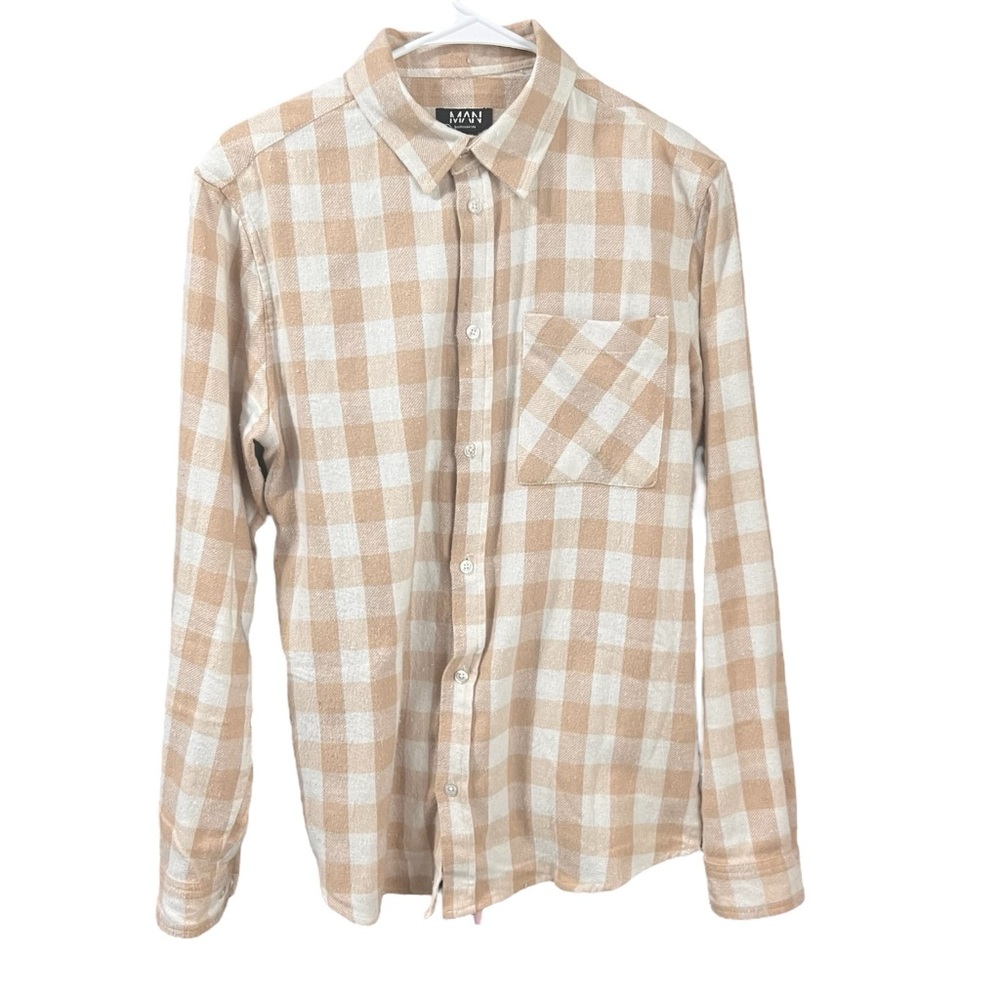 boohooMAN White/Tan Flannel Small